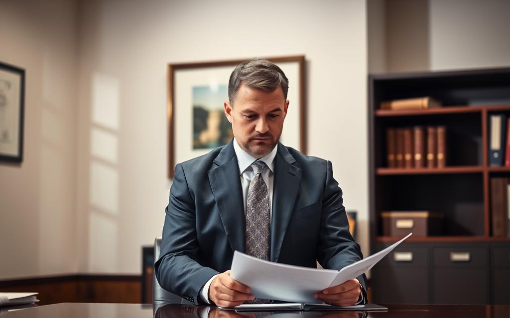 A Probation Officer Standing In A Well-Lit, Professional Office, Wearing A Pressed Suit And Tie. They Are Seated At A Desk, Reviewing A File With A Serious Expression, Surrounded By A Bookshelf And Filing Cabinets In The Background. The Office Has A Sense Of Order And Authority, Conveying The Officer'S Responsibility To Monitor And Guide Those Under Their Supervision. Soft, Directional Lighting Casts Shadows That Emphasize The Official Nature Of The Scene. The Overall Atmosphere Is One Of Diligence And Attention To Detail, Reflecting The Probation Officer'S Crucial Role In The Criminal Justice System.
