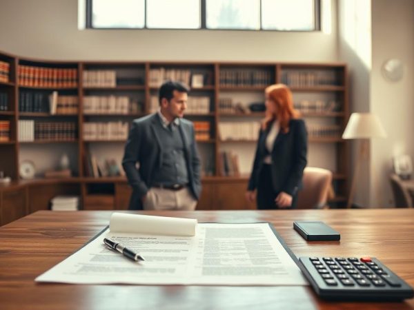 A Spacious, Minimalist Office Setting With Warm, Natural Lighting From A Large Window. In The Foreground, A Wooden Desk With An Open Legal File, A Pen, And A Calculator, Symbolizing The Decision-Making Process. In The Middle Ground, Two Adults, A Man And A Woman, Engaged In A Serious Discussion, Representing The Parents Involved In The Custody Case. The Background Features Shelves Filled With Law Books, Conveying The Legal Context. The Scene Exudes A Sense Of Thoughtfulness And Professionalism, Reflecting The Gravity Of The Child Custody Factors Being Considered.